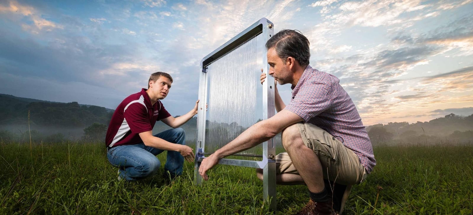 Two researchers positioning a mesh water-collection panel in a field at dawn