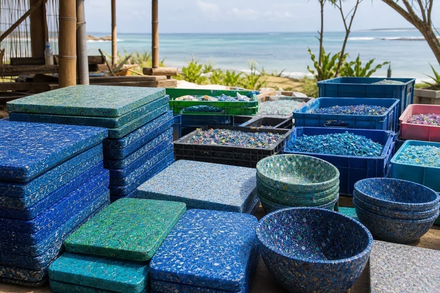 Stacked tiles and bowls molded from recycled plastic, beside crates of sorted plastic flake.
