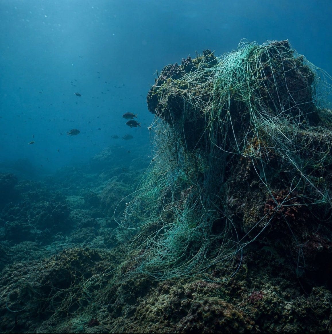 A discarded fishing net draped over a reef underwater, with fish swimming past.